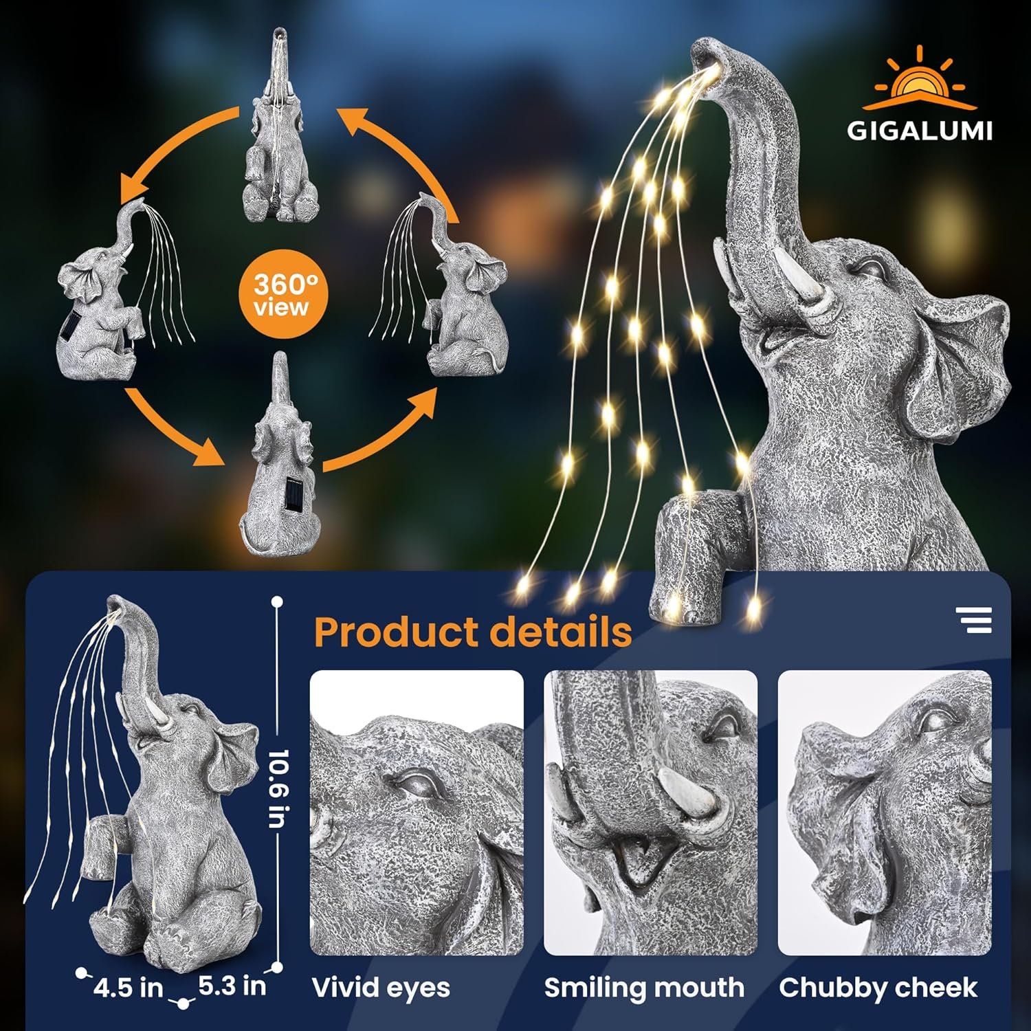 GIGALUMI Decoración solar para jardín, estatuas de elefante de riego al aire libre, regalos de cumpleaños para mujeres, mamá, abuela, anciano, adorno de elefante para balcón, jardín, patio, césped - Imagen 4