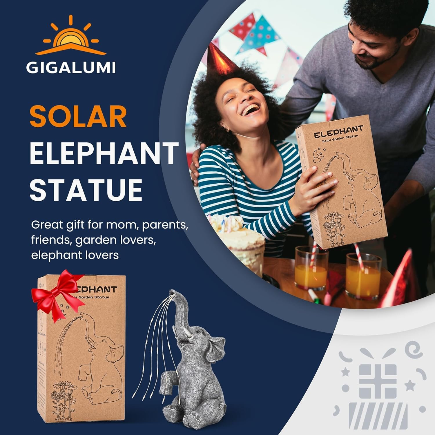 GIGALUMI Decoración solar para jardín, estatuas de elefante de riego al aire libre, regalos de cumpleaños para mujeres, mamá, abuela, anciano, adorno de elefante para balcón, jardín, patio, césped - Imagen 7