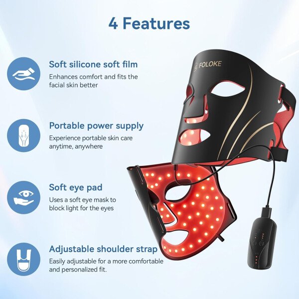 FOLOKE Máscara de terapia de luz LED, máscara facial LED roja, longitud de onda para uso doméstico, cuidado avanzado de la piel fácil (negro hollín) - Imagen 4