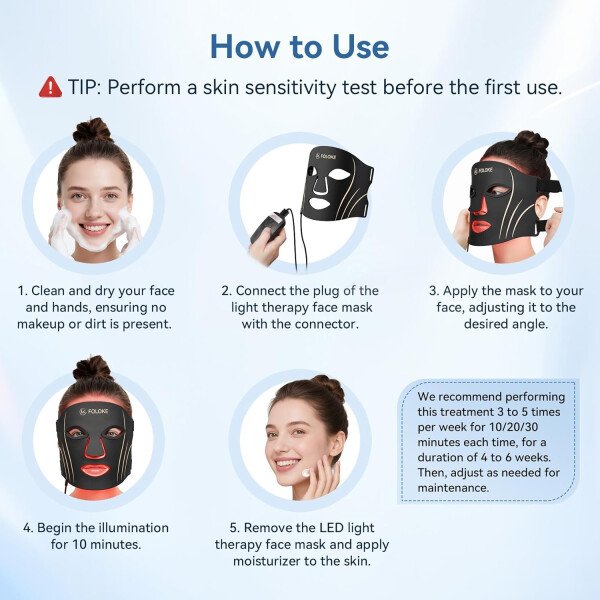 FOLOKE Máscara de terapia de luz LED, máscara facial LED roja, longitud de onda para uso doméstico, cuidado avanzado de la piel fácil (negro hollín) - Imagen 7