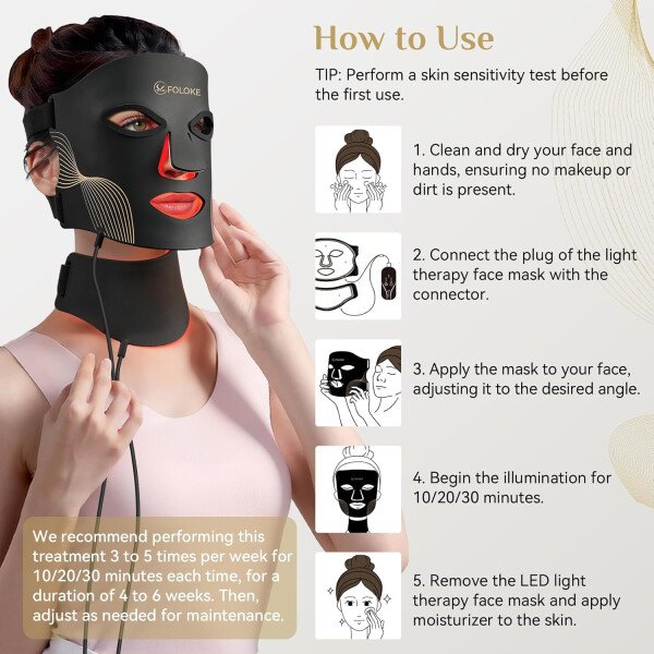 FOLOKE Máscara de terapia de luz LED, máscara facial LED roja, longitud de onda para uso doméstico, cuidado avanzado de la piel fácil (negro hollín) - Imagen 17