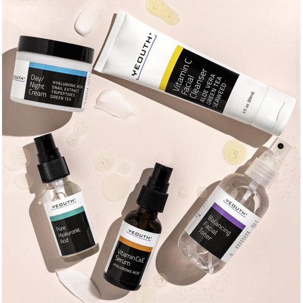 YEOUTH Set de cuidado de la piel: suero de ácido hialurónico, suero de vitamina C, limpiador facial, tónico, gel debajo de los ojos, crema facial, kit de cuidado de la piel de 6 piezas para mujeres y - Imagen 20