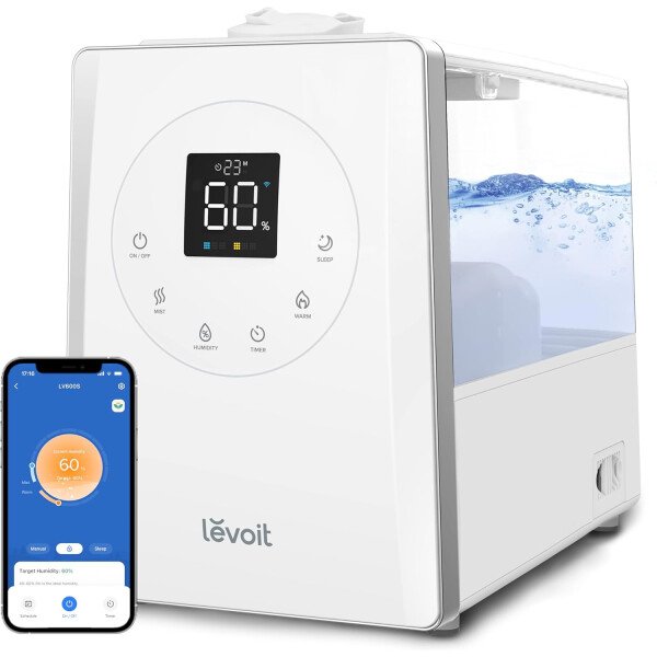 LEVOITHumidificadores para habitación de habitación grande de dormitorio, WiFi inteligente Control de Alexa, 6L Top Relleno fresco y fresco Niebla para toda la casa, aceite esencial, humedad personalizada, modo de suspensión, temporizador, ultra silencioso, blanco