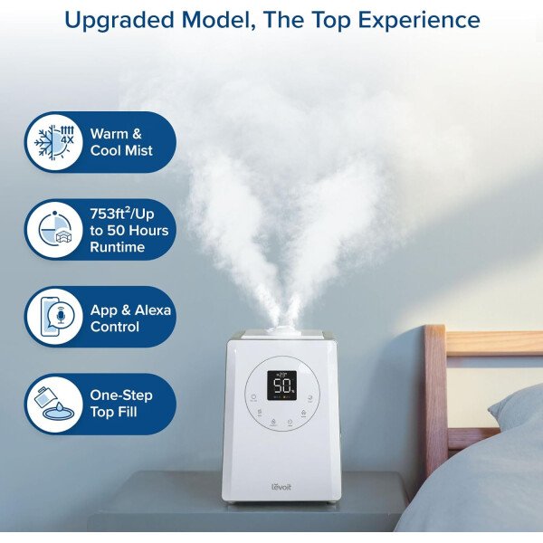 LEVOITHumidificadores para habitación de habitación grande de dormitorio, WiFi inteligente Control de Alexa, 6L Top Relleno fresco y fresco Niebla para toda la casa, aceite esencial, humedad personalizada, modo de suspensión, temporizador, ultra silencioso, blanco - Imagen 3