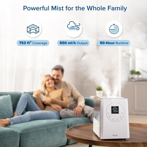 LEVOITHumidificadores para habitación de habitación grande de dormitorio, WiFi inteligente Control de Alexa, 6L Top Relleno fresco y fresco Niebla para toda la casa, aceite esencial, humedad personalizada, modo de suspensión, temporizador, ultra silencioso, blanco - Imagen 4