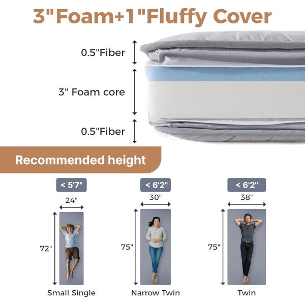 Cubrecolchón para cuna, espuma viscoelástica con infusión de gel, funda de algodón lavable a máquina, tapete enrollable, almohadilla de dormir plegable portátil, tamaño individual estrecho (75 - Imagen 3