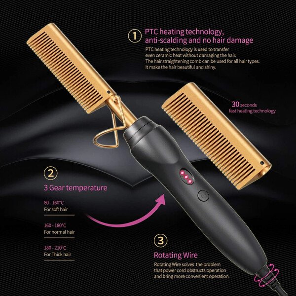 Plancha de pelo con peine caliente, peines de prensado térmico, rizador de cerámica portátil para cabello, barba, pelucas, herramientas de peinado para cabello húmedo y seco. - Imagen 2