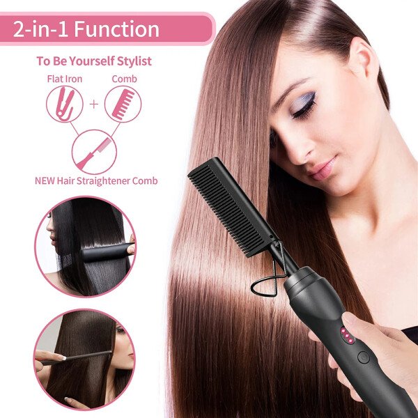 Plancha de pelo con peine caliente, peines de prensado térmico, rizador de cerámica portátil para cabello, barba, pelucas, herramientas de peinado para cabello húmedo y seco. - Imagen 4