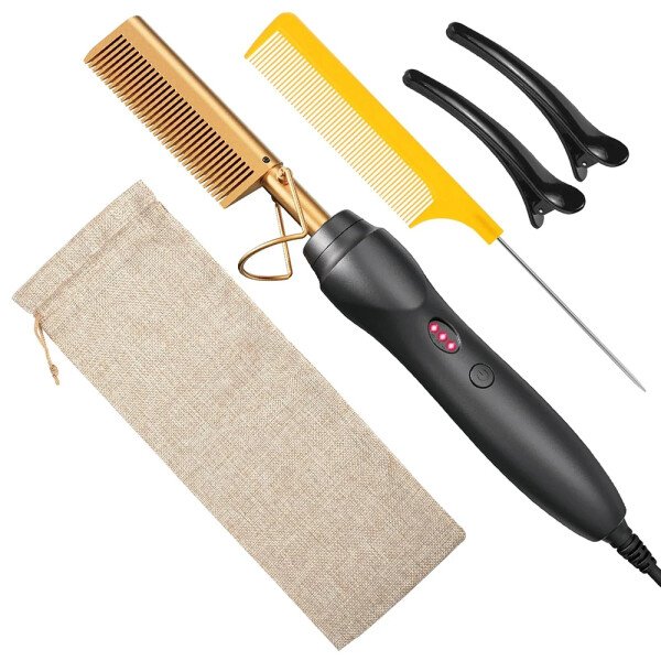 Plancha de pelo con peine caliente, peines de prensado térmico, rizador de cerámica portátil para cabello, barba, pelucas, herramientas de peinado para cabello húmedo y seco. - Imagen 12