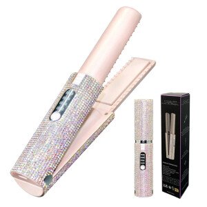 Plancha y rizador de pelo eléctrico USB 2 en 1 con diseño de diamantes de colores, inalámbrico, para viajes.