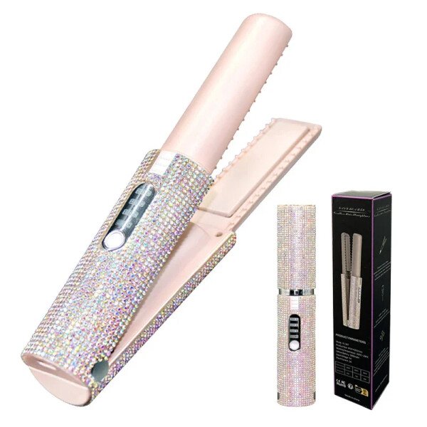 Plancha y rizador de pelo eléctrico USB 2 en 1 con diseño de diamantes de colores, inalámbrico, para viajes.