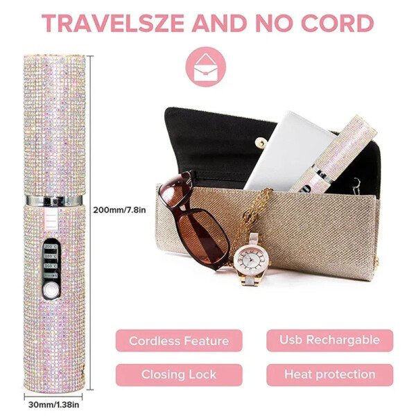 Plancha y rizador de pelo eléctrico USB 2 en 1 con diseño de diamantes de colores, inalámbrico, para viajes. - Imagen 2
