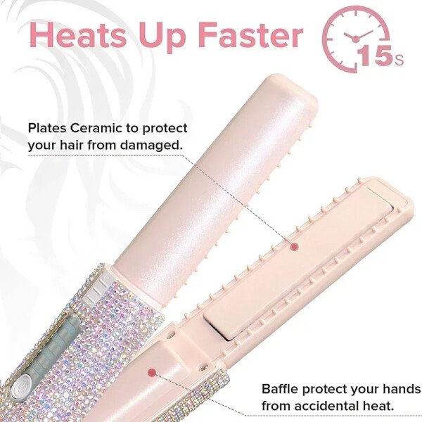 Plancha y rizador de pelo eléctrico USB 2 en 1 con diseño de diamantes de colores, inalámbrico, para viajes. - Imagen 3