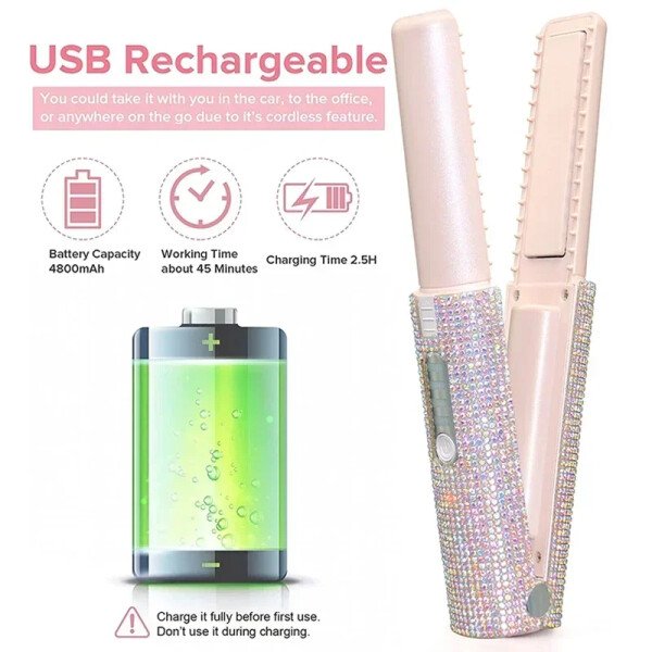 Plancha y rizador de pelo eléctrico USB 2 en 1 con diseño de diamantes de colores, inalámbrico, para viajes. - Imagen 4