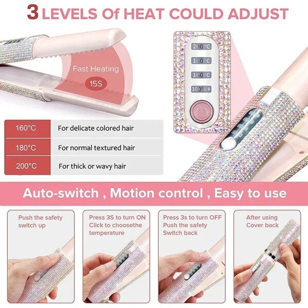 Plancha y rizador de pelo eléctrico USB 2 en 1 con diseño de diamantes de colores, inalámbrico, para viajes. - Imagen 5