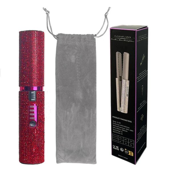 Plancha y rizador de pelo eléctrico USB 2 en 1 con diseño de diamantes de colores, inalámbrico, para viajes. - Imagen 9