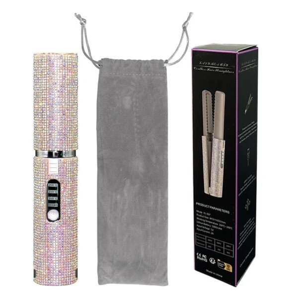 Plancha y rizador de pelo eléctrico USB 2 en 1 con diseño de diamantes de colores, inalámbrico, para viajes. - Imagen 10