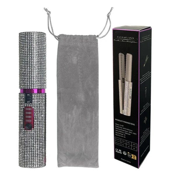 Plancha y rizador de pelo eléctrico USB 2 en 1 con diseño de diamantes de colores, inalámbrico, para viajes. - Imagen 11