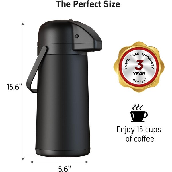 Airpot - Jarra de café para mantener el calor, dispensador de café grande de 102 onzas/3 litros con bomba, urna térmica de acero inoxidable para bebidas calientes, agua y té, dispensador térmico de - Imagen 3