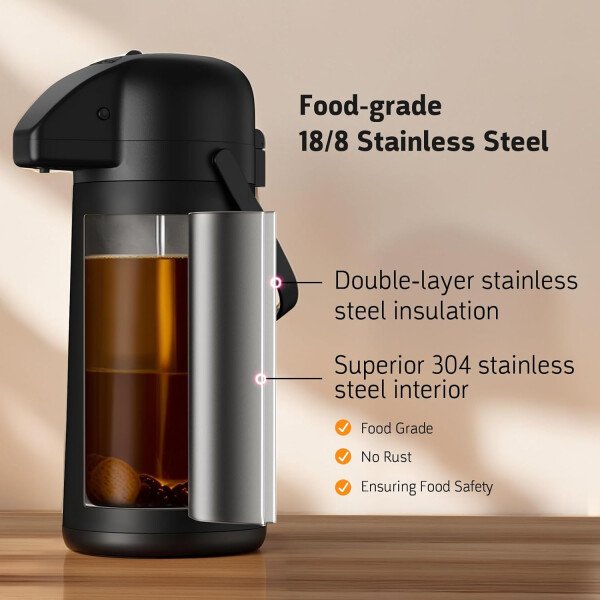 Airpot - Jarra de café para mantener el calor, dispensador de café grande de 102 onzas/3 litros con bomba, urna térmica de acero inoxidable para bebidas calientes, agua y té, dispensador térmico de - Imagen 5