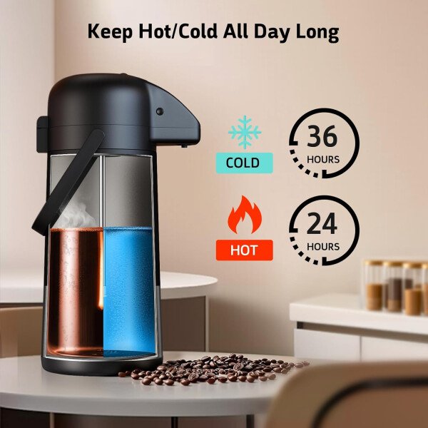 Airpot - Jarra de café para mantener el calor, dispensador de café grande de 102 onzas/3 litros con bomba, urna térmica de acero inoxidable para bebidas calientes, agua y té, dispensador térmico de - Imagen 7