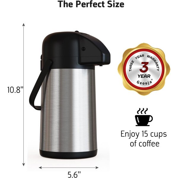 Airpot - Jarra de café para mantener el calor, dispensador de café grande de 102 onzas/3 litros con bomba, urna térmica de acero inoxidable para bebidas calientes, agua y té, dispensador térmico de - Imagen 11