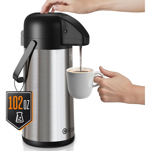 Airpot - Jarra de café para mantener el calor, dispensador de café grande de 102 onzas/3 litros con bomba, urna térmica de acero inoxidable para bebidas calientes, agua y té, dispensador térmico de - Imagen 23