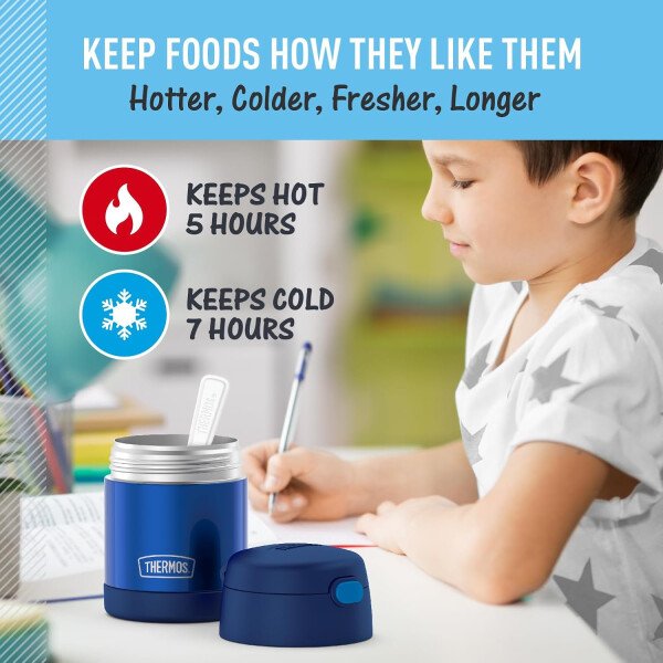 THERMOS FUNTAINER - Recipiente para comida con cuchara plegable para niños, con aislamiento al vacío, de acero inoxidable, 10 onzas, azul marino - Image 5