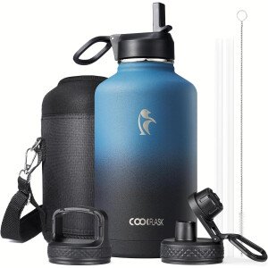 Coolflask botella de agua térmica de 64 onzas con tapa con popote y tapa con boca, botella de agua de medio galón con boca ancha, evita la condensación, sin bisfenol A, mantiene las bebidas frías durante 48 horas o calientes durante 24 horas, color cian samurái