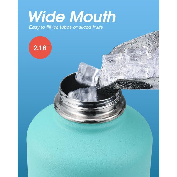 Coolflask botella de agua térmica de 64 onzas con tapa con popote y tapa con boca, botella de agua de medio galón con boca ancha, evita la condensación, sin bisfenol A, mantiene las bebidas frías durante 48 horas o calientes durante 24 horas, color cian samurái - Image 18