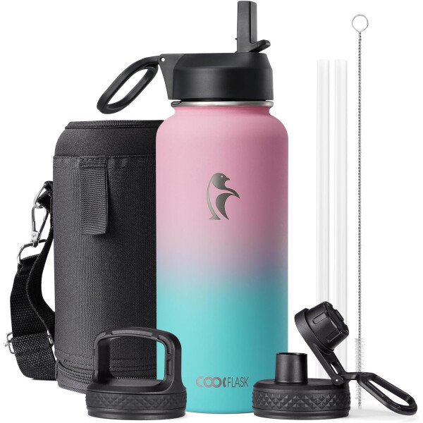 Coolflask botella de agua térmica de 64 onzas con tapa con popote y tapa con boca, botella de agua de medio galón con boca ancha, evita la condensación, sin bisfenol A, mantiene las bebidas frías durante 48 horas o calientes durante 24 horas, color cian samurái - Image 49