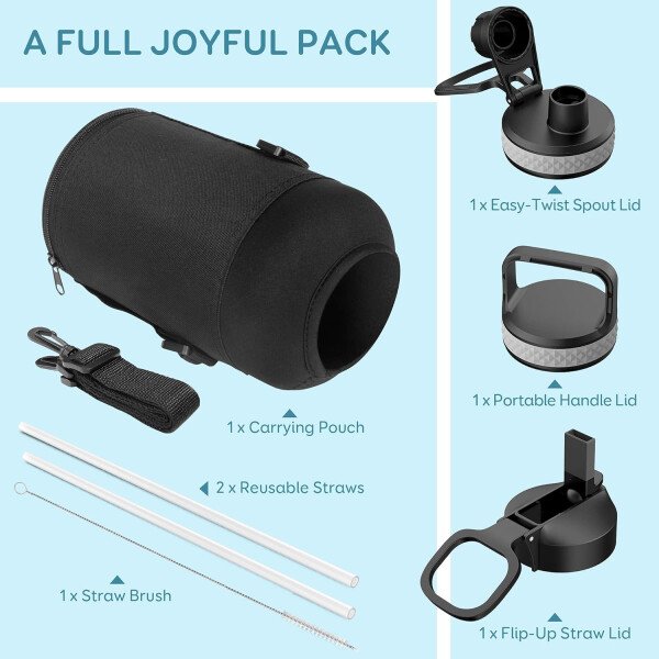 Coolflask botella de agua térmica de 64 onzas con tapa con popote y tapa con boca, botella de agua de medio galón con boca ancha, evita la condensación, sin bisfenol A, mantiene las bebidas frías durante 48 horas o calientes durante 24 horas, color cian samurái - Image 134