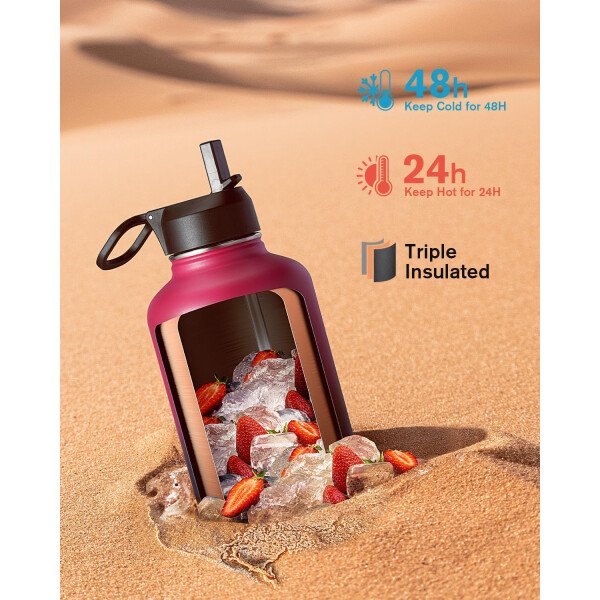 Coolflask botella de agua térmica de 64 onzas con tapa con popote y tapa con boca, botella de agua de medio galón con boca ancha, evita la condensación, sin bisfenol A, mantiene las bebidas frías durante 48 horas o calientes durante 24 horas, color cian samurái - Image 168