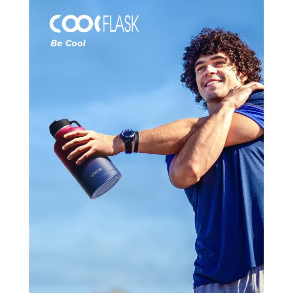 Coolflask botella de agua térmica de 64 onzas con tapa con popote y tapa con boca, botella de agua de medio galón con boca ancha, evita la condensación, sin bisfenol A, mantiene las bebidas frías durante 48 horas o calientes durante 24 horas, color cian samurái - Image 172