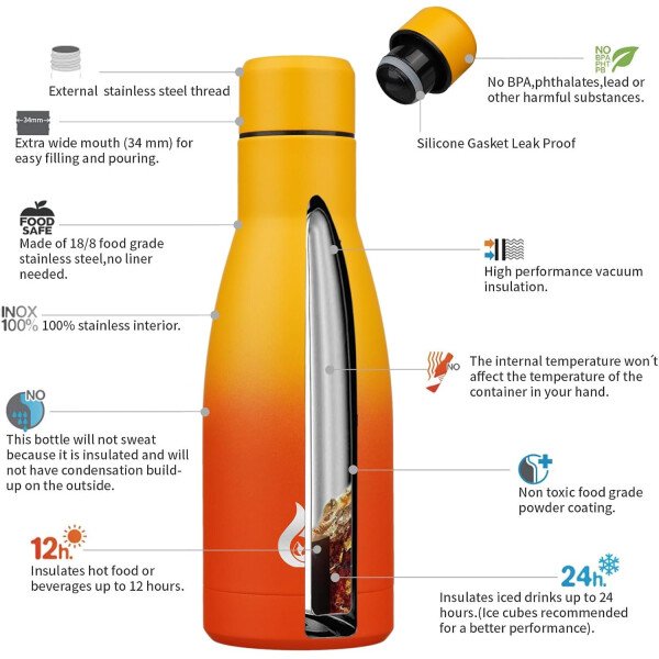 BJPKPK Botella de agua aislada de 12 onzas Samll de acero inoxidable, reutilizable, termo metálico que mantiene el frío y el calor, naranja atardecer - Image 4