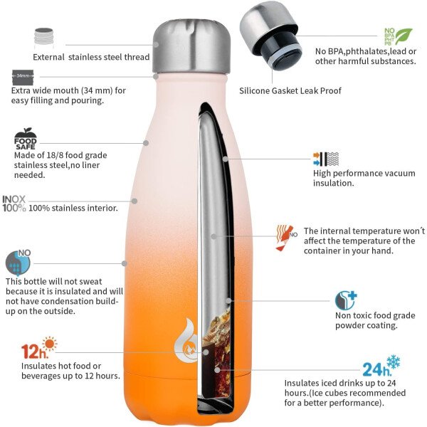 BJPKPK Botella de agua aislada de 12 onzas Samll de acero inoxidable, reutilizable, termo metálico que mantiene el frío y el calor, naranja atardecer - Image 187