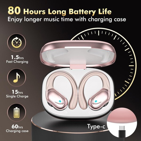 Auriculares inalámbricos, auriculares Bluetooth deportivos, auriculares deportivos con 80 horas de reproducción, con pantalla de alimentación LED, auriculares con cancelación de ruido - Imagen 2