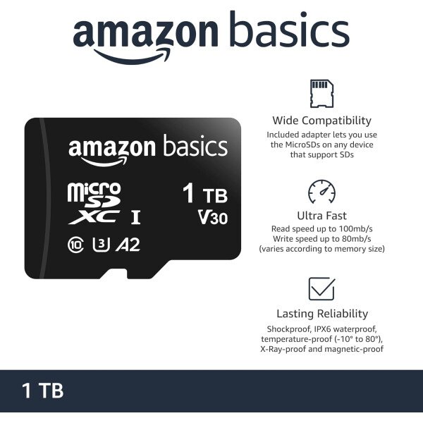 Amazon Basics Micro SDXC Memory Card with Full Size Adapter, A2, U3, Read Speed up to 100 MB/s, 128 GB, Black - Imagen 64