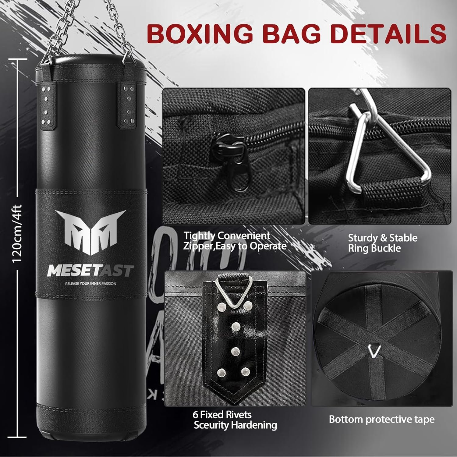 Saco de boxeo para adultos, juego de bolsa de boxeo pesada de 4 pies con guantes de 12 onzas para artes marciales mixtas de karate, kickboxing, sin relleno - Imagen 3