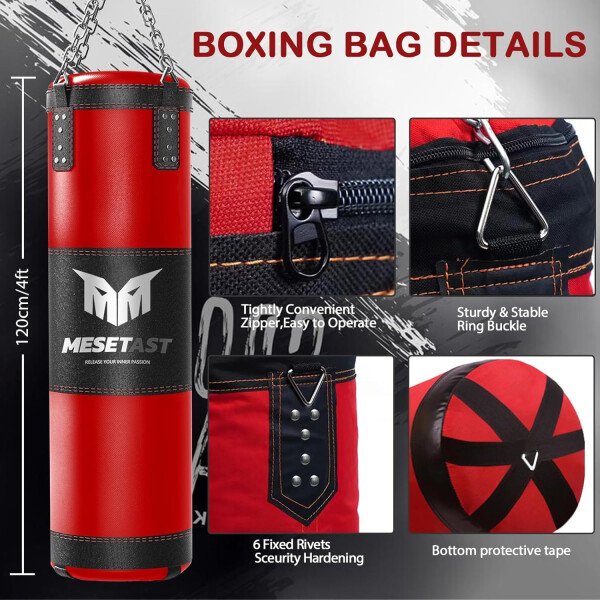 Saco de boxeo para adultos, juego de bolsa de boxeo pesada de 4 pies con guantes de 12 onzas para artes marciales mixtas de karate, kickboxing, sin relleno - Imagen 10