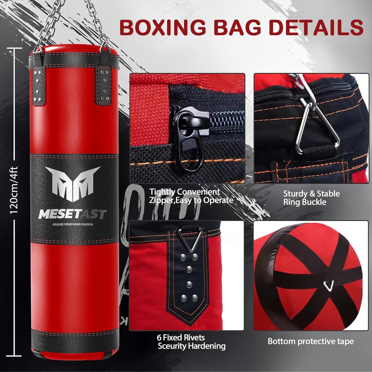 Saco de boxeo para adultos, juego de bolsa de boxeo pesada de 4 pies con guantes de 12 onzas para artes marciales mixtas de karate, kickboxing, sin relleno - Imagen 10