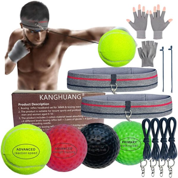 Juego de bandas de boxeo para entrenamiento de reacción de boxeo MMA, 4 bolas diferentes+2 bandas para la cabeza que absorben el sudor+4 líneas de repuesto+2 guantes para todas las personas