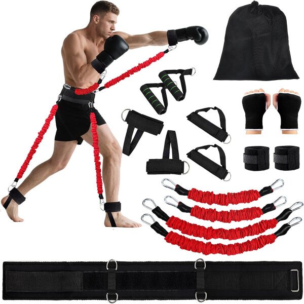Juego de bandas de resistencia de boxeo para boxeo, artes marciales, artes marciales, bandas de ejercicio de 150 libras con puños y cinturón, banda de entrenamiento para entrenamiento de resistencia