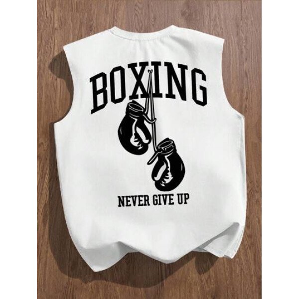 Manfinity Joysei Camiseta de tirantes holgada con estampado de guantes de boxeo vintage americano para hombres, talla estándar, blanco