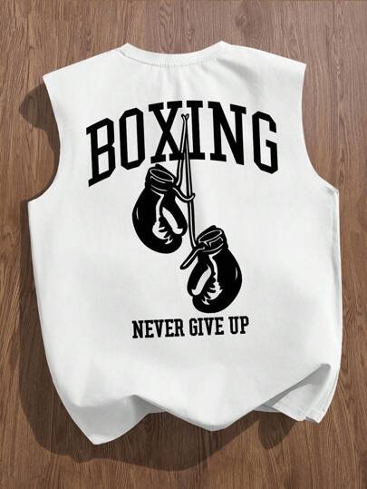 Manfinity Joysei Camiseta de tirantes holgada con estampado de guantes de boxeo vintage americano para hombres, talla estándar, blanco