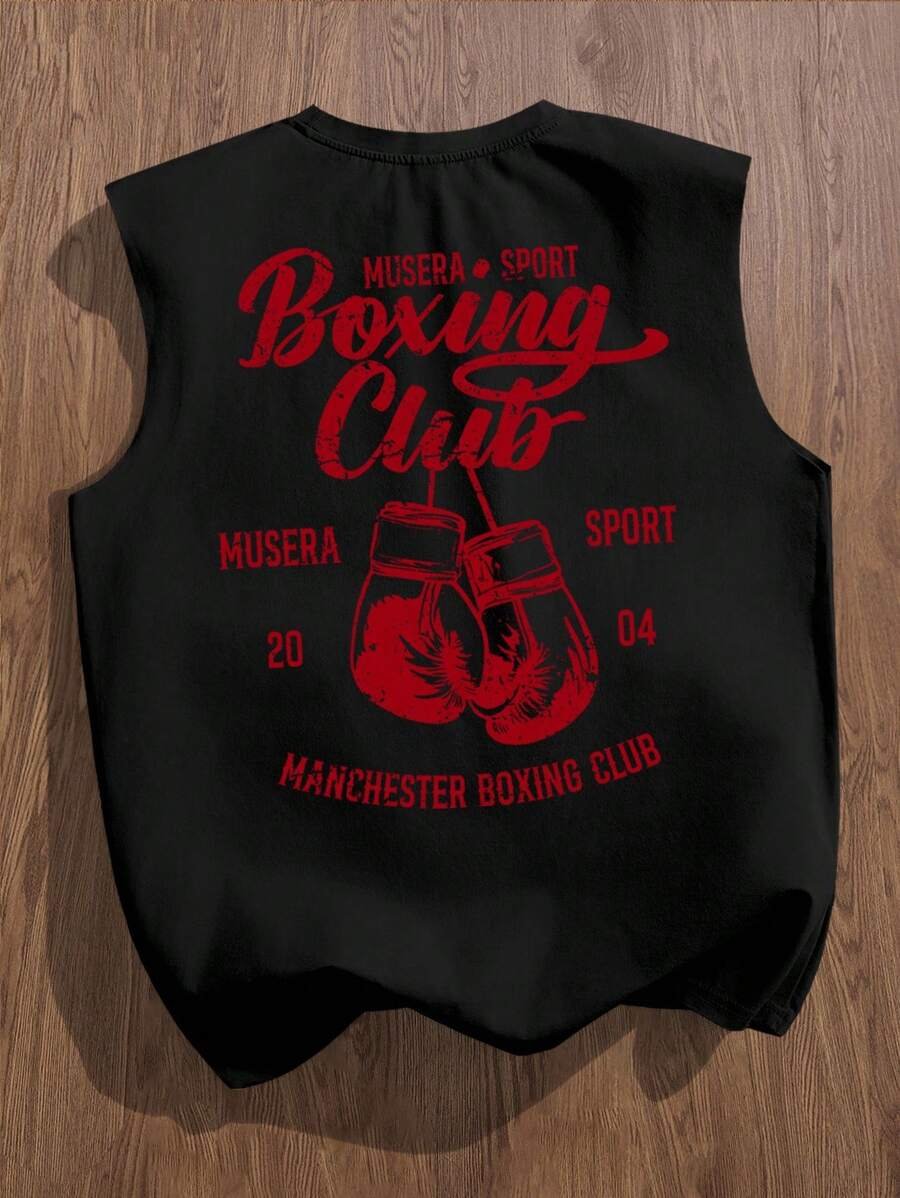 Manfinity Joysei Camiseta de tirantes holgada con estampado de guantes de boxeo vintage americano para hombres, talla estándar, blanco - Imagen 2