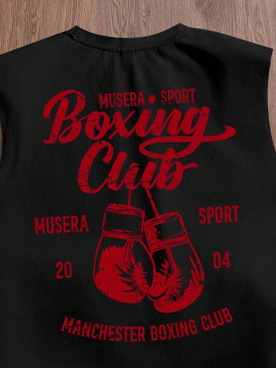 Manfinity Joysei Camiseta de tirantes holgada con estampado de guantes de boxeo vintage americano para hombres, talla estándar, blanco - Imagen 3