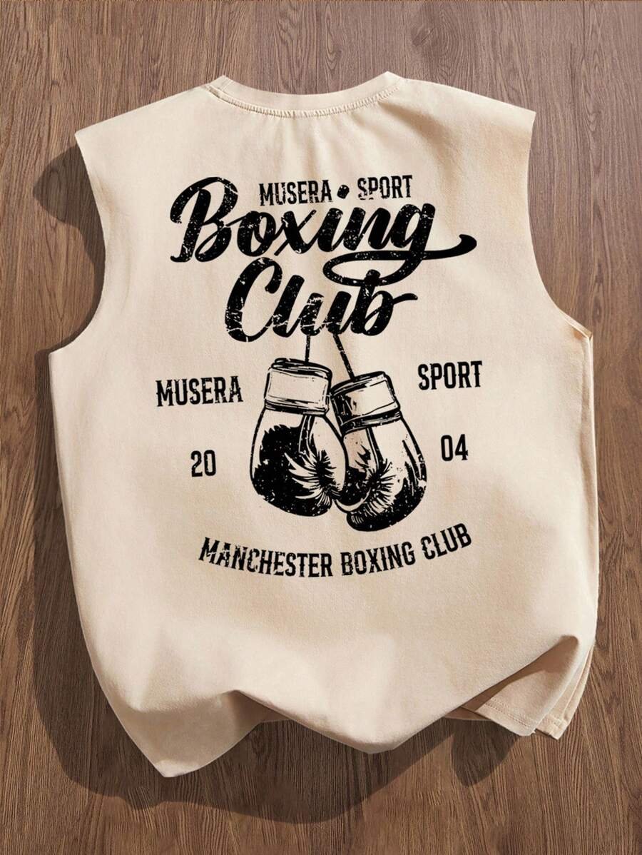 Manfinity Joysei Camiseta de tirantes holgada con estampado de guantes de boxeo vintage americano para hombres, talla estándar, blanco - Imagen 8