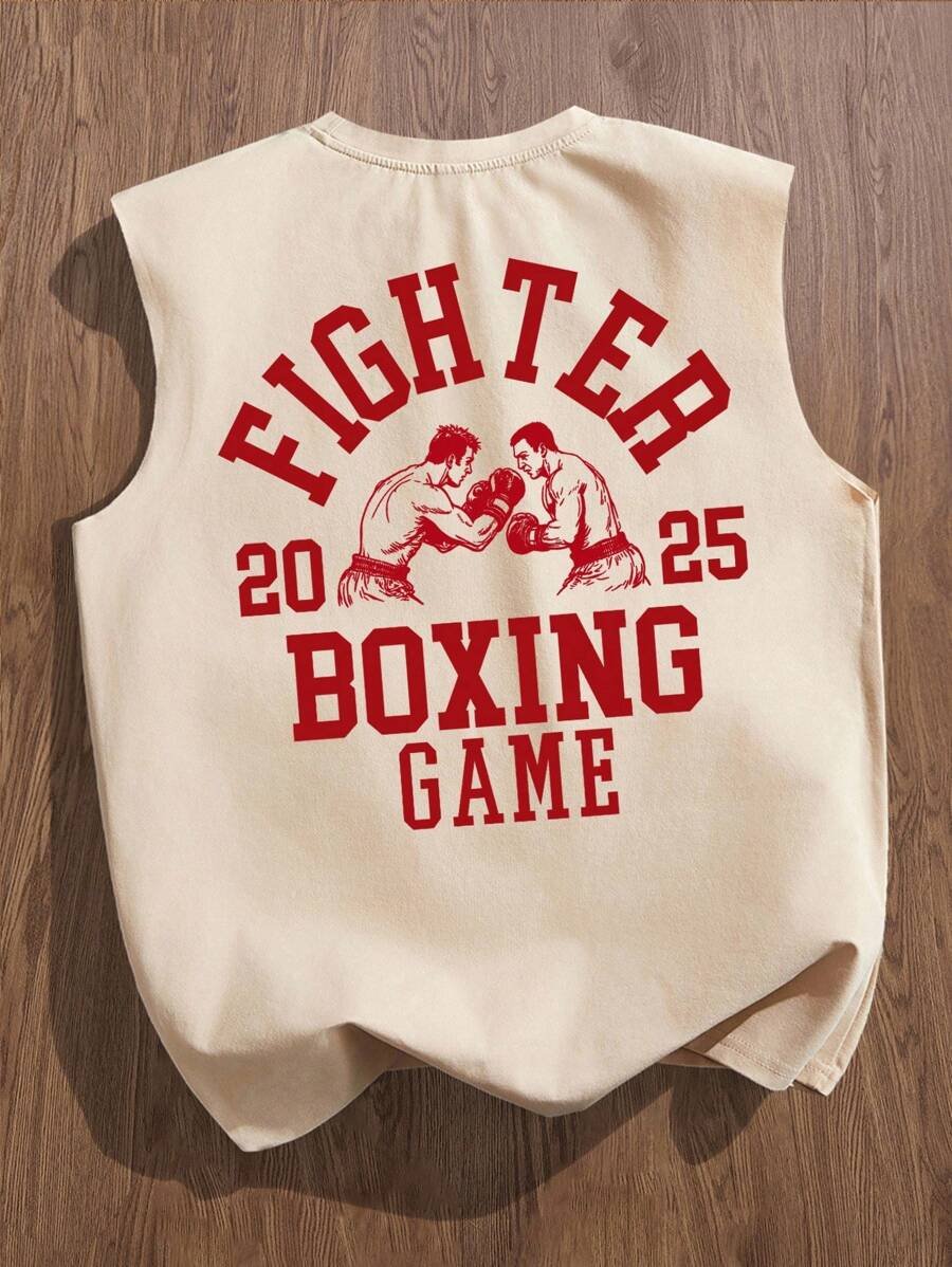 Manfinity Joysei Camiseta de tirantes holgada con estampado de guantes de boxeo vintage americano para hombres, talla estándar, blanco - Imagen 15