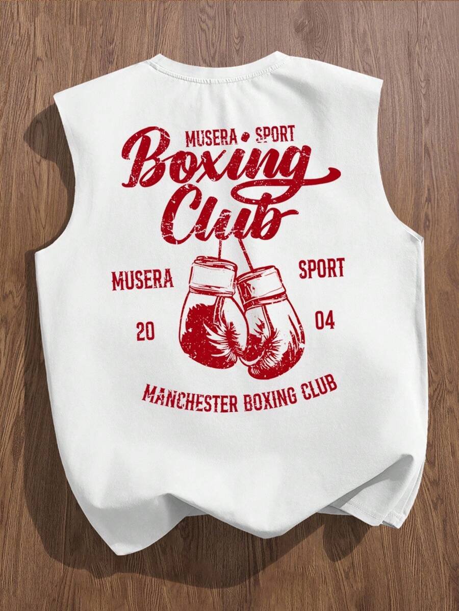 Manfinity Joysei Camiseta de tirantes holgada con estampado de guantes de boxeo vintage americano para hombres, talla estándar, blanco - Imagen 32